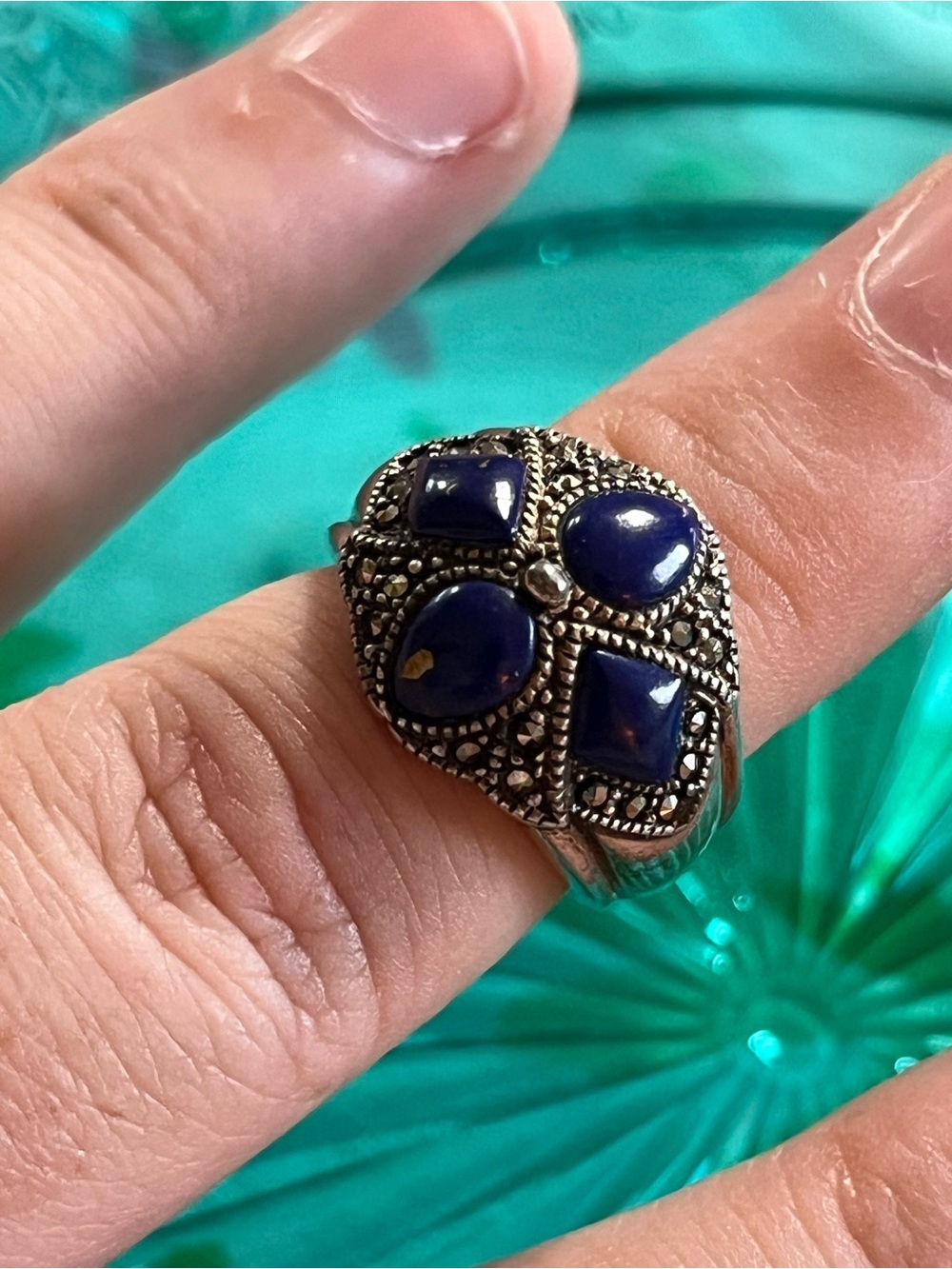 Vintage Sterling Silver 925 Lapis Lazuli Marcasite Size 5 Cocktail Ring
